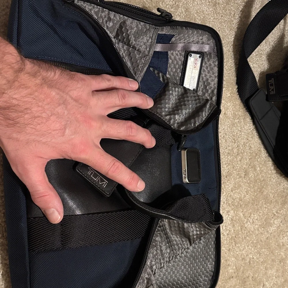 Tumi Navy and Black Laptop Briefcase with Leather Trim